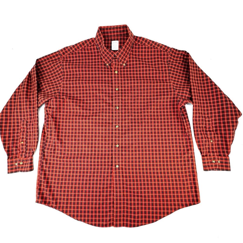 Brooks Brothers Button Down Shirt Men 16r XL Orange Check 100% Cotton Made USA